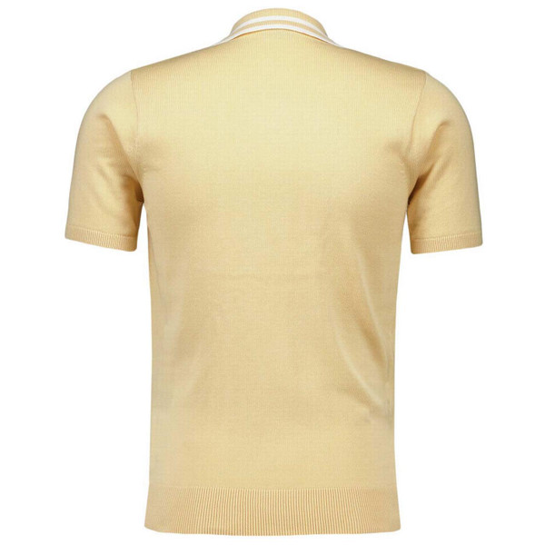 Gabicci Vintage Johnson Retro Pointelle Knit Tipped Zip Placket Polo Shirt in Lemon Back View