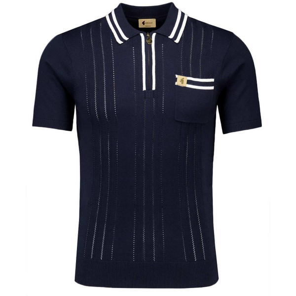 Gabicci Vintage Johnson Men's Pointelle Knit Tipped Zip Neck Polo Shirt in Navy