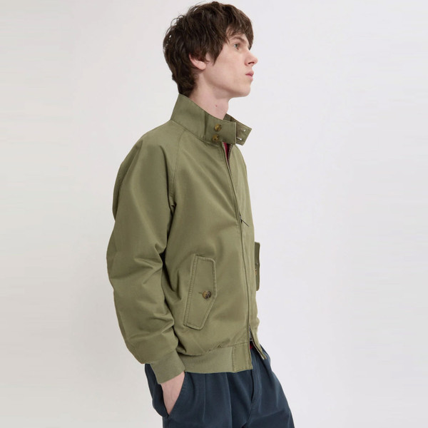 Man wearing Baracuta Mens G9 Twill Mod Zip Harrington Jacket in Lichen Green