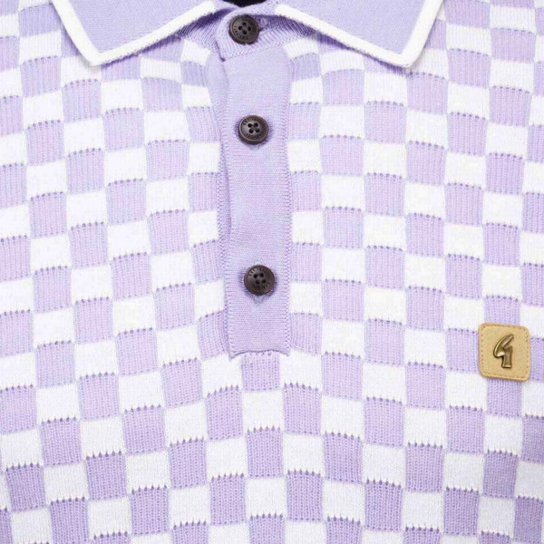 Gabicci Vintage Danson Men's Retro 1970s Checkerboard Knitted Polo Shirt in Heather - Checkerboard Detail
