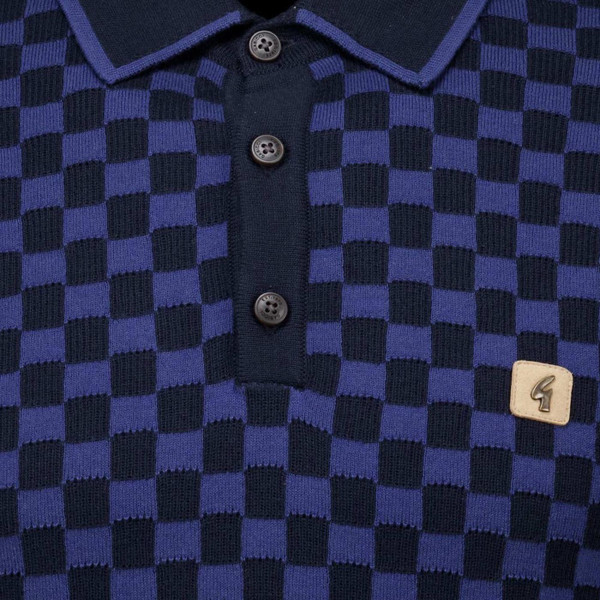 Gabicci Vintage Danson Men's Mod Textured Checkerboard Knitted Polo Shirt in Navy - Placket and Fabric Detail