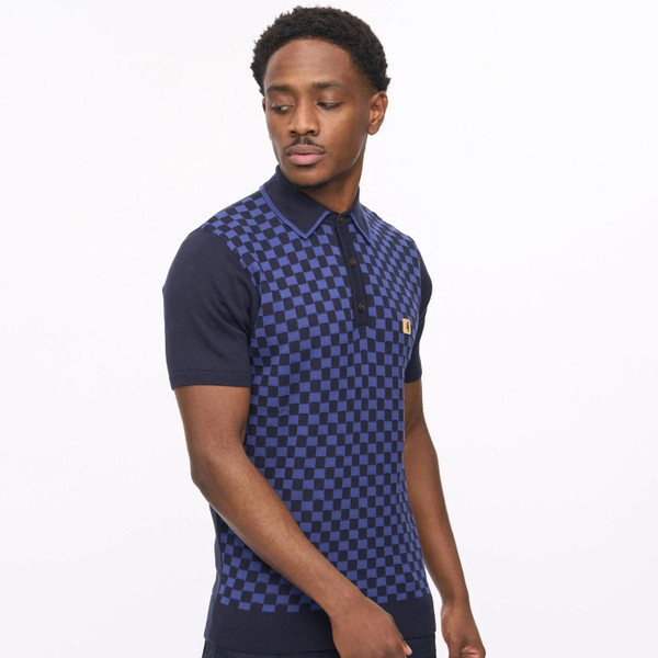 Side of Gabicci Vintage Danson Men's Mod Textured Checkerboard Knitted Polo Shirt in Navy
