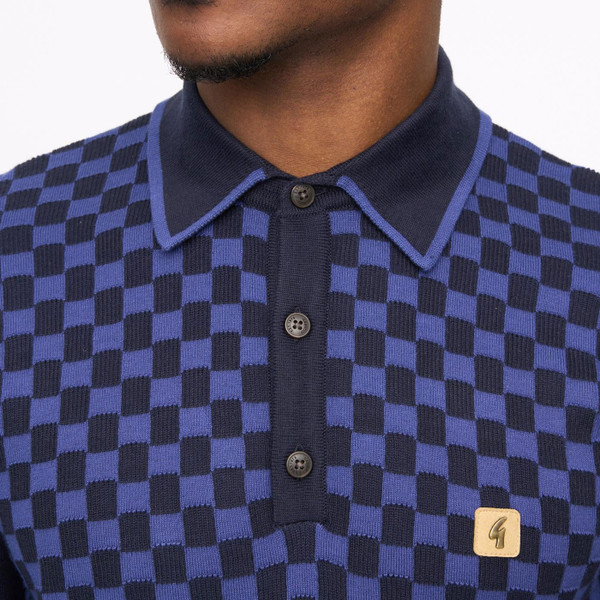 Collar on Gabicci Vintage Danson Men's Mod Textured Checkerboard Knitted Polo Shirt in Navy