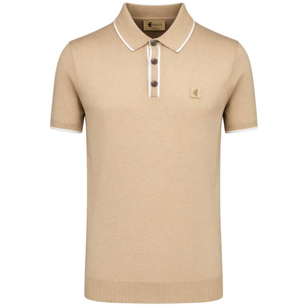 Gabicci Vintage Lineker Men's Mod Tipped Knitted Polo Shirt in Sandstone