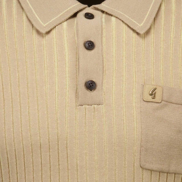 Gabicci Vintage Dimitri Men's Retro 70s Ribbed Knit Polo Shirt in Sandstone Placket and Ribbed Fabric Detail