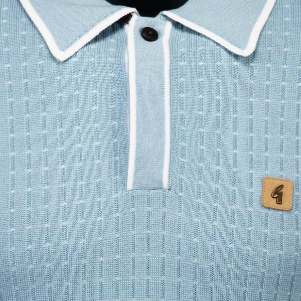 Gabicci Vintage Osbourne men's Retro Textured Knitted Polo Shirt in Mint Placket View