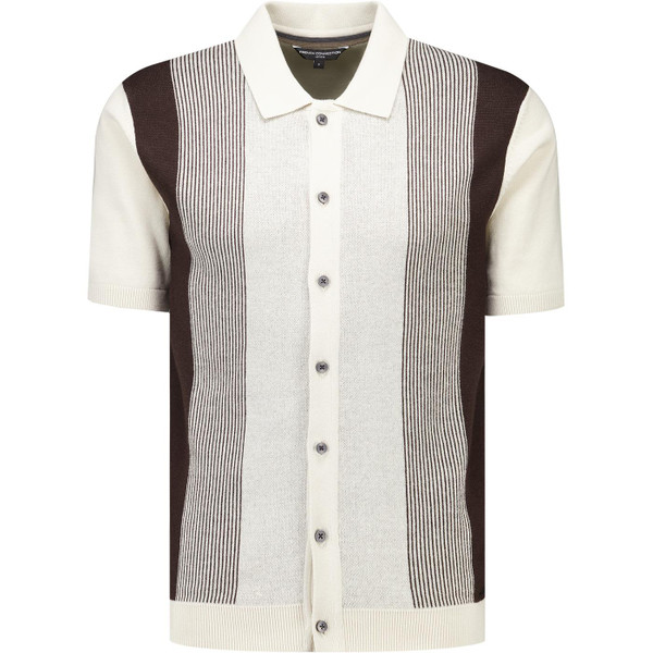 French Connection Mens Mixed Stripe Knitted Button Through Polo T-Shirt in Chocolate Brown