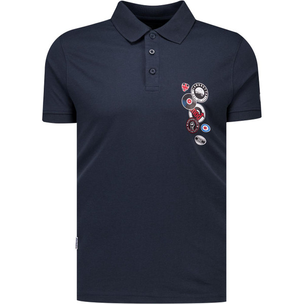 Lambretta Mens UK 70s Scooter Badges Print Jersey Polo T-Shirt in Navy