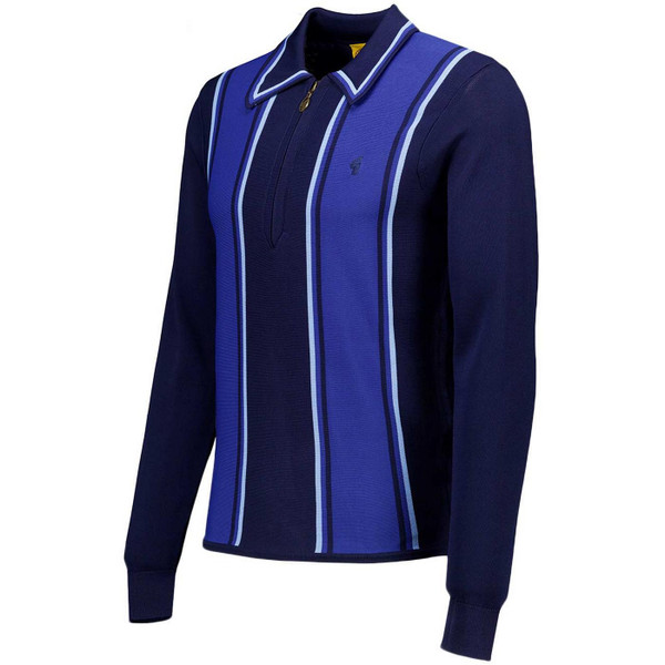 Gabicci Vintage Xander Men's Mod Stripe Long Sleeve Knitted Polo Shirt in Navy - Side View