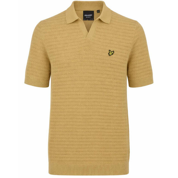 Lyle & Scott Men's Retro 70s Pointelle Knit Johnny Collar Polo Shirt in Sandstone - Main View