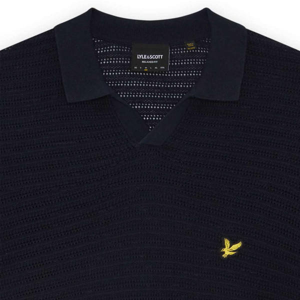 Lyle & Scott Men's Retro 70s Pointelle Knit Johnny Collar Polo Shirt in Dark Navy - Collar View
