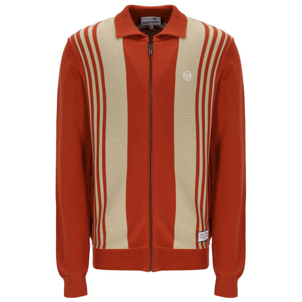 Sergio Tacchini Cipri Retro Mod Stripe Knitted Polo Cardigan in Rooibos Tea/Mojave