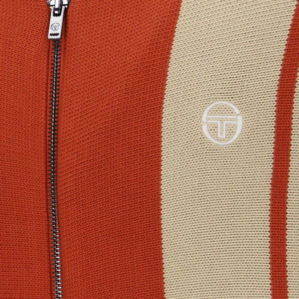 Chest logo and zipper on Sergio Tacchini Cipri Retro Mod Stripe Knitted Polo Cardigan in Rooibos Tea/Mojave