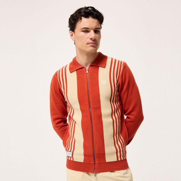Man wearing Sergio Tacchini Cipri Retro Mod Stripe Knitted Polo Cardigan in Rooibos Tea/Mojave