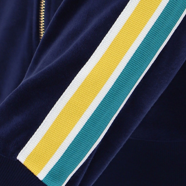 Sleeve stripes on Sergio Tacchini Monte Retro 80s Velour Track Jacket in Maritime Blue Navy