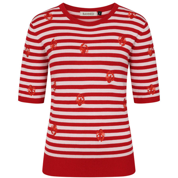 Banned Retro Women's Ruby Lobster Striped Knit Jumper in Red/White
