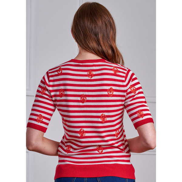 Back of woman wearing Banned Retro Women's Ruby Lobster Striped Knit Jumper in Red/White