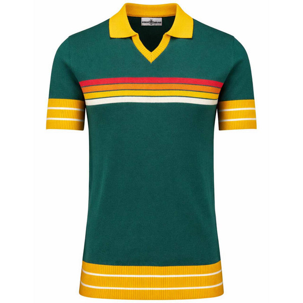 Madcap England All-Nighter Men's Mod Stripe Skipper Neck Northern Soul Knitted Polo Shirt in Rainforest - Main View