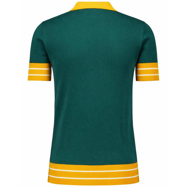 Madcap England All-Nighter Men's Mod Stripe Skipper Neck Northern Soul Knitted Polo Shirt in Rainforest - Back View