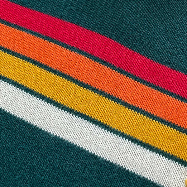 Madcap England All-Nighter Men's Mod Stripe Skipper Neck Northern Soul Knitted Polo Shirt in Rainforest - Gradient Stripes