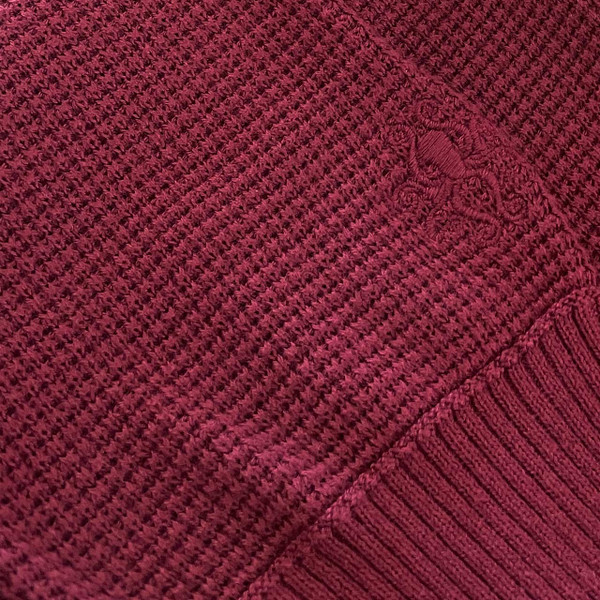 Madcap England Men's Mod Waffle Knit Crew Neck Cotton Jumper in Zinfandel Cuff Detail