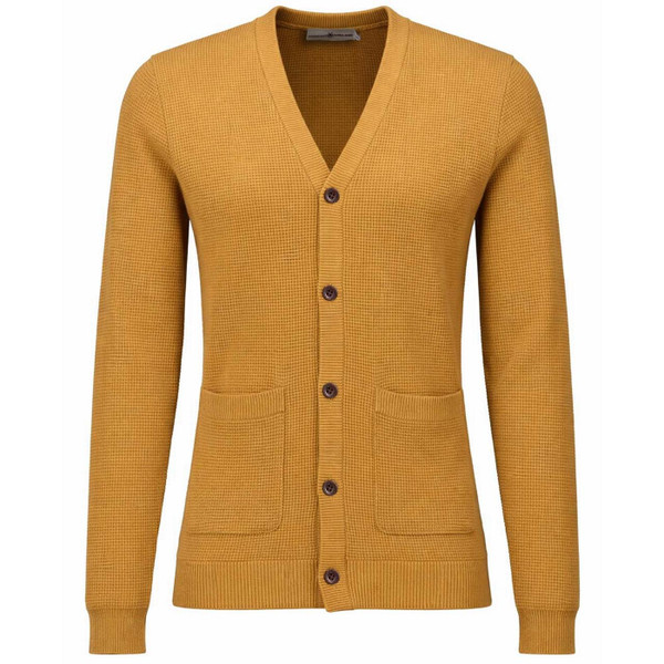 Madcap England Men's 1960s Mod V-Neck Waffle Knit Cardigan in Dijon Front View