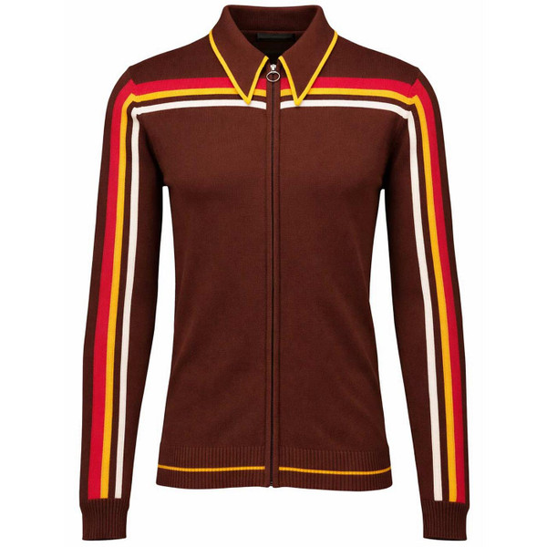 Madcap England Retro 70s Stripe Knitted Track Top in Potting Soil - Front View