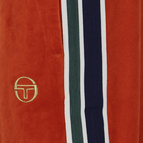 Stripes and pocket on Sergio Tacchini Monte Velour Retro Tracksuit Pants in Orange