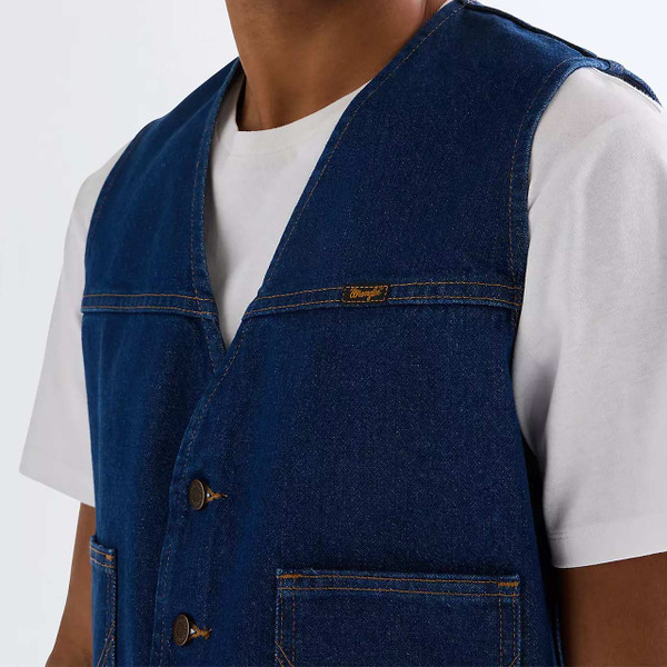 Wrangler Regular Cowboy Cut Men's Denim Vest in Prewashed Indigo - Front Close Up