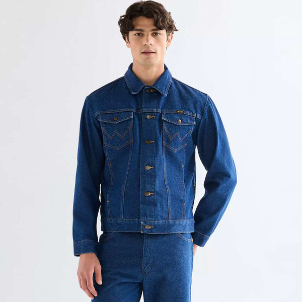 Model Wearing Wrangler Regular Cowboy Cut Men's Denim Jacket in Prewashed Indigo - Main Front