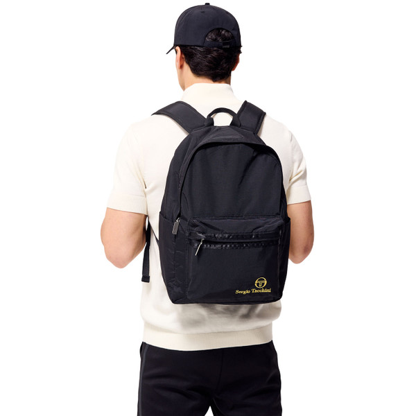 Man wearing Sergio Tacchini Geo Men's Retro Backpack in Black