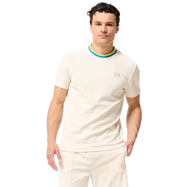 Man wearing Sergio Tacchini Monte Velour T-Shirt in Gardenia Off White