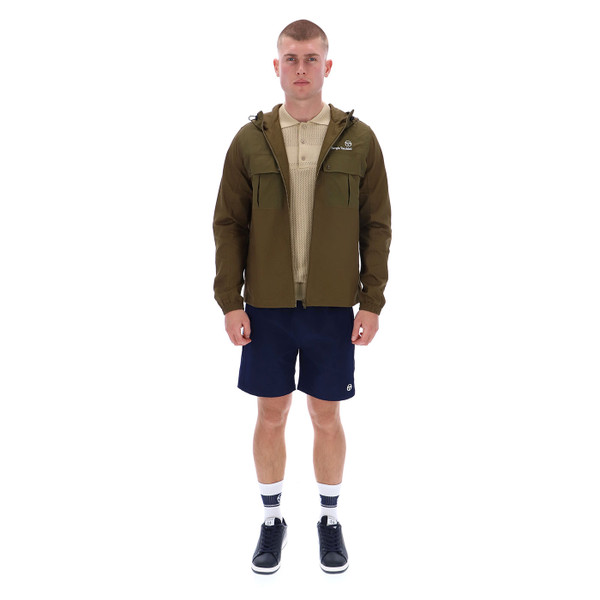 Full lengthMan wearing Sergio Tacchini Calisti Retro Hooded Jacket in Olive