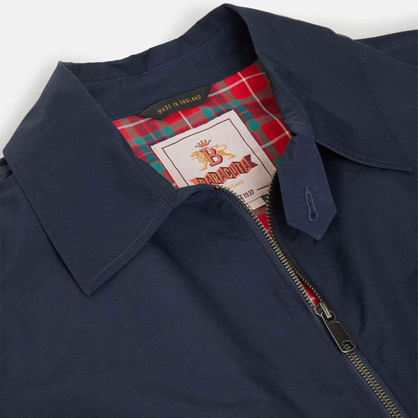 Deconstructed shirt collar on Baracuta G18 Shirt Collar Harrington Jacket in Navy