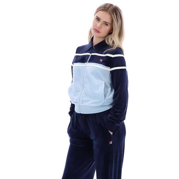 Side of Fila Vintage Womens Giovana 80s Cropped Velour Zip Track Top in Navy Blue