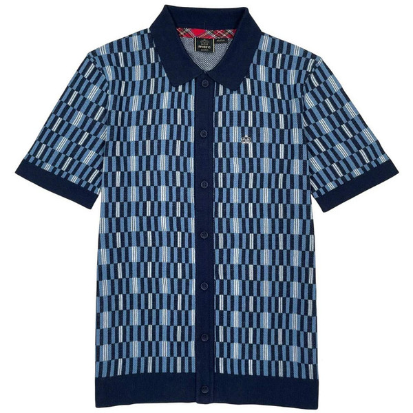 Front of the Merc Penrose Men's 60s Mod Check Button Through Knitted Polo Shirt in Navy