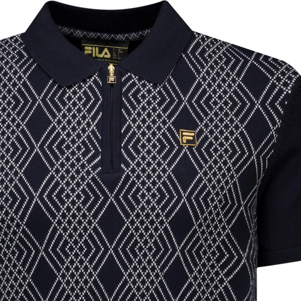 Fila Vintage Mens Gold Castello Jacquard Knitted Zip Polo in Black