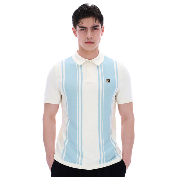 Man wearing Fila Vintage Mens Gold Buddy Bowling Style Knitted Polo Shirt in Coconut Milk white
