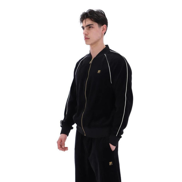 Fila Gold Fella Retro 70s Velour Bomber Track Jacket in Black - Side View