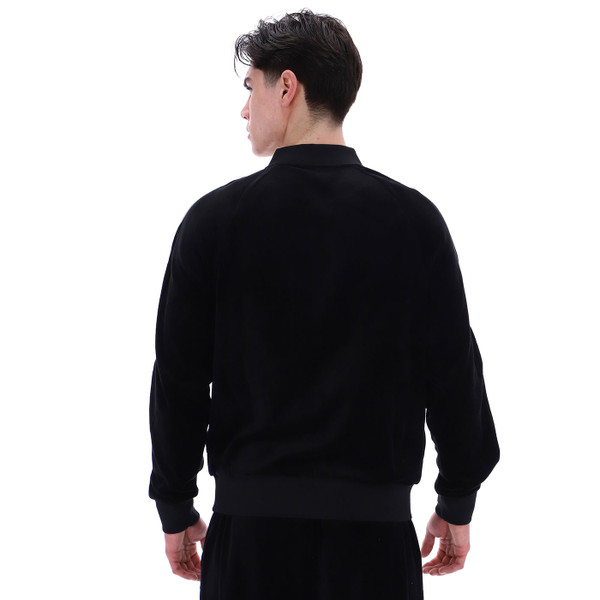Back of Fila Gold Fella Retro 70s Velour Bomber Track Jacket in Black