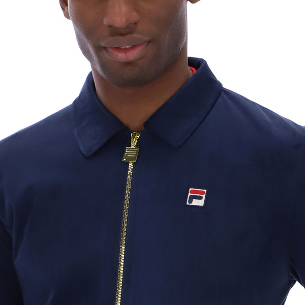 Collar detail on Fila Vintage Francesco Retro 70s Faux Suede Jacket in Navy