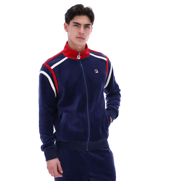 Front of Fila Vintage Gabriele Retro Faux Suede Track Jacket in Navy