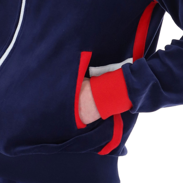 Pockets and red cuffs on Fila Vintage Daniele Archive Zip-Off Sleeve Velour Track Jacket in Navy/Red