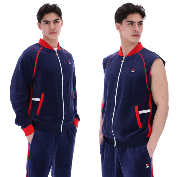 Man wearing Fila Vintage Daniele Archive Zip-Off Sleeve Velour Track Jacket  showing sleeves on and off