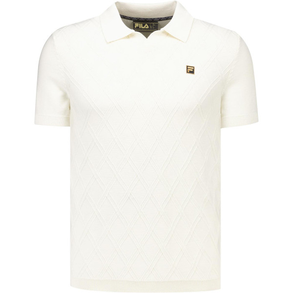 Fila Vintage Mens Gold Denny Diamond Knit Open Collar Polo T-Shirt in Coconut Beige