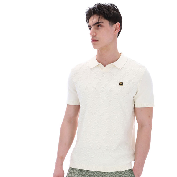 Man wearing Fila Vintage Mens Gold Denny Diamond Knit Open Collar Polo T-Shirt in Coconut Beige