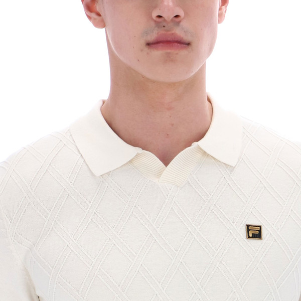 Skipper Neck Open Collar on Fila Vintage Mens Gold Denny Diamond Knit Open Collar Polo T-Shirt in Coconut Beige