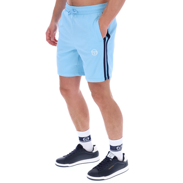 Side view of Sergio Tacchini Pietrapertosa Retro Men's Striped Shorts in Baltic Blue