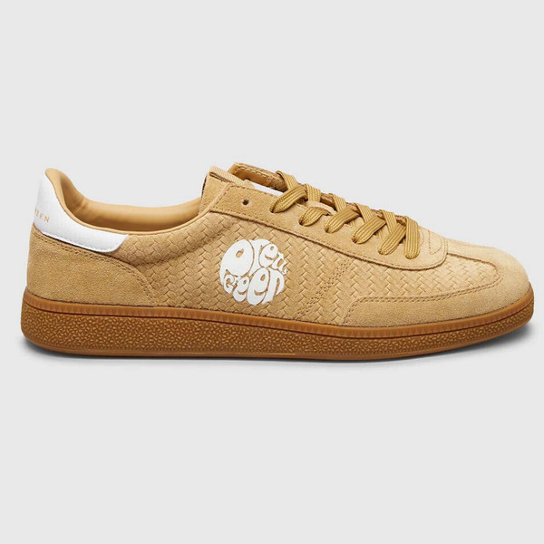 Pretty Green Ramblas Retro 90s Suede Woven Embossed Trainers in Sand - Main View