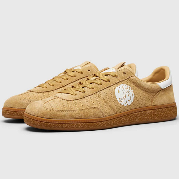 Pretty Green Ramblas Retro 90s Suede Woven Embossed Trainers in Sand - Side View